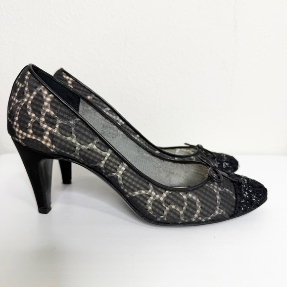 Chanel Black Mesh & Tweed Bow Pumps Size 37.5 - Picture 2 of 8